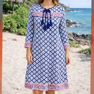 SZ Blockprints Leyla Tunic Printed Tassel Dress Blue White Block Pink Floral M
